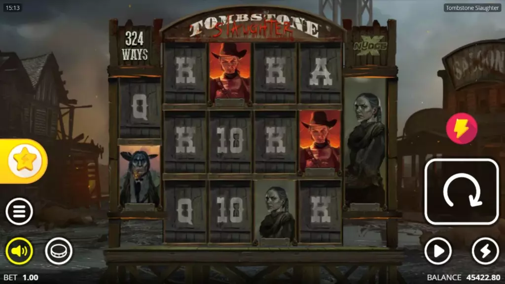 Tombstone Slaughter slot game interface showing 6-reel layout with xNudge Wild multipliers and El Gordo's daughter character by Nolimit City
