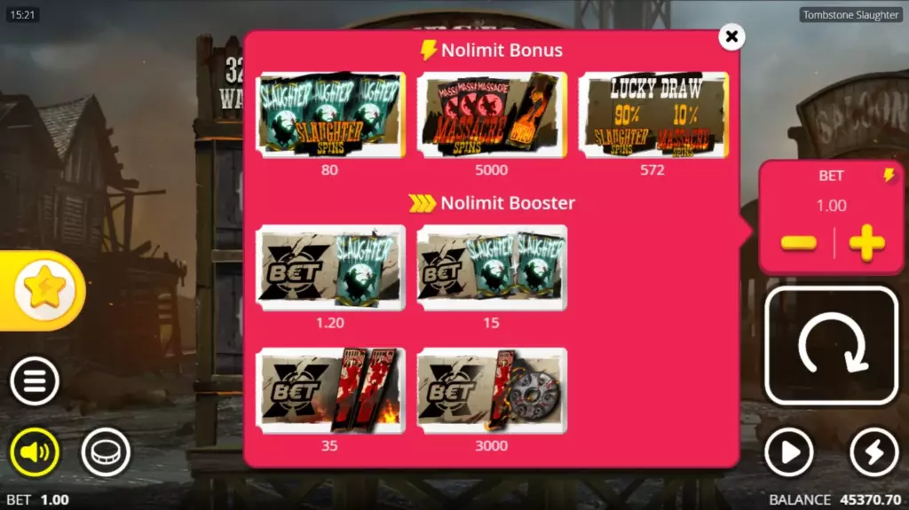 Tombstone Slaughter bonus buy menu with Ante Bet and Nolimit Boosters